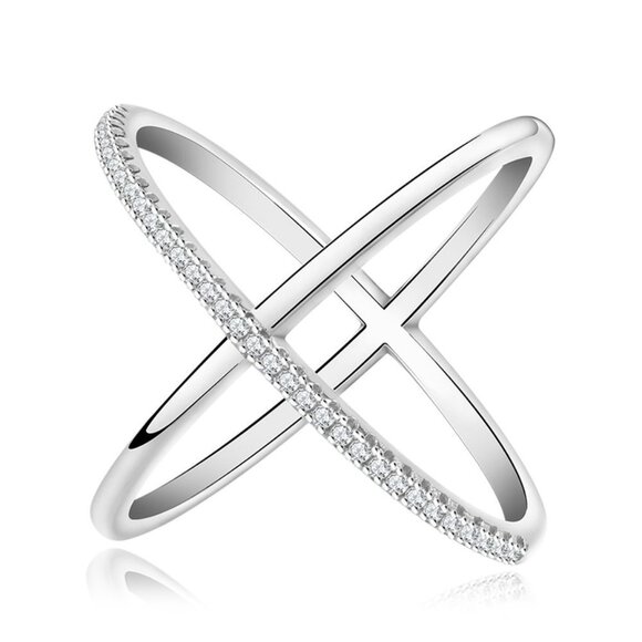 Two Lines Cross X Shape 925 Silver Ring for Women, VIP144 - Picture 1 of 6